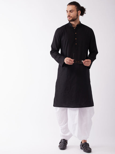Vastramay Men's Black Cotton Blend Kurta And White Dhoti Set